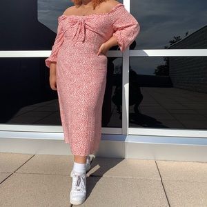 Asos Curve Pink Ditsy Floral Off the Shoulder Midi Dress